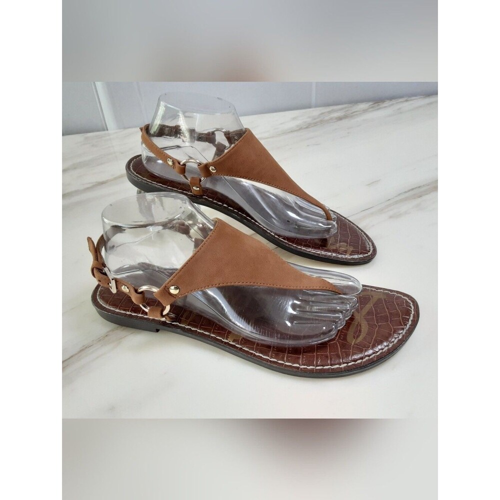 SAM EDELMAN Greta Caramel Leather T-Strap Thong Slingback Flat Sandals Sz 11